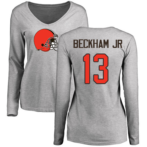 Women Cleveland Browns #13 Beckham Jr Gray Color Name Number Logo Long Sleeve Nike NFL T-Shirt->nfl t-shirts->Sports Accessory